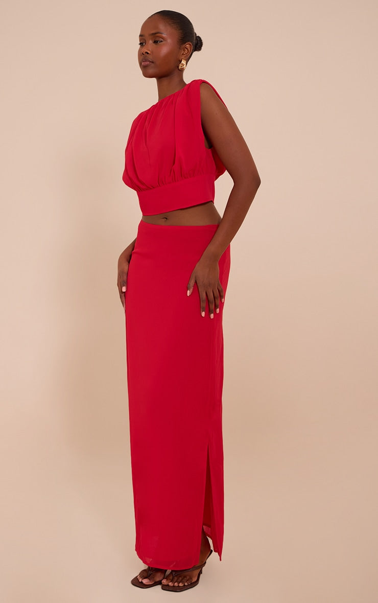 Tomato Red Chiffon Ruched Crop Top