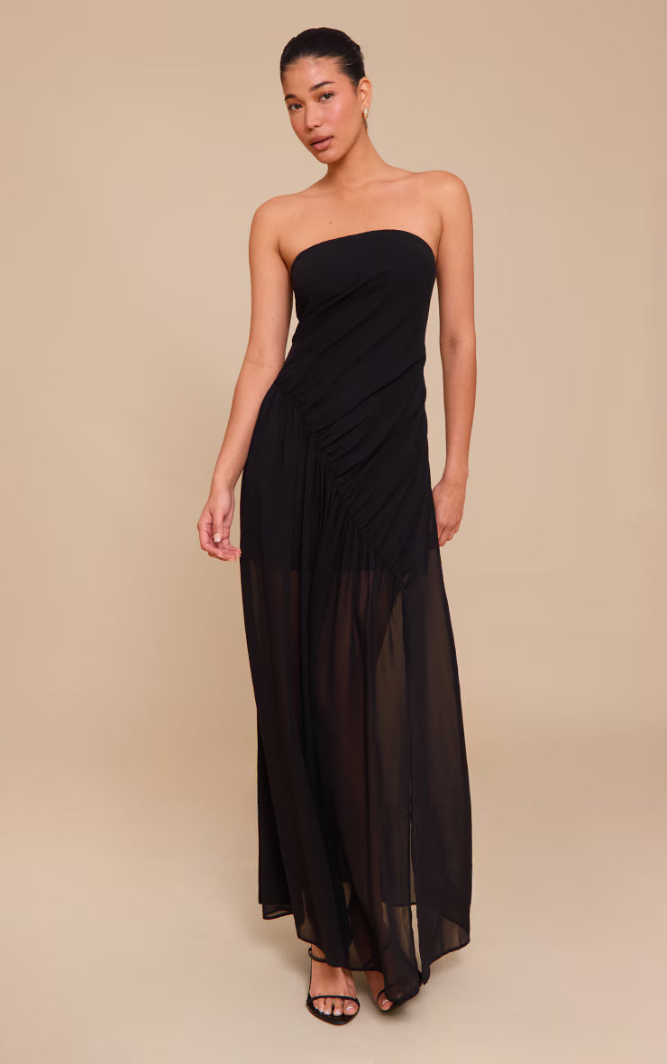 Black Double Layer Mesh Bandeau Asymmetric Ruching Maxi Dress