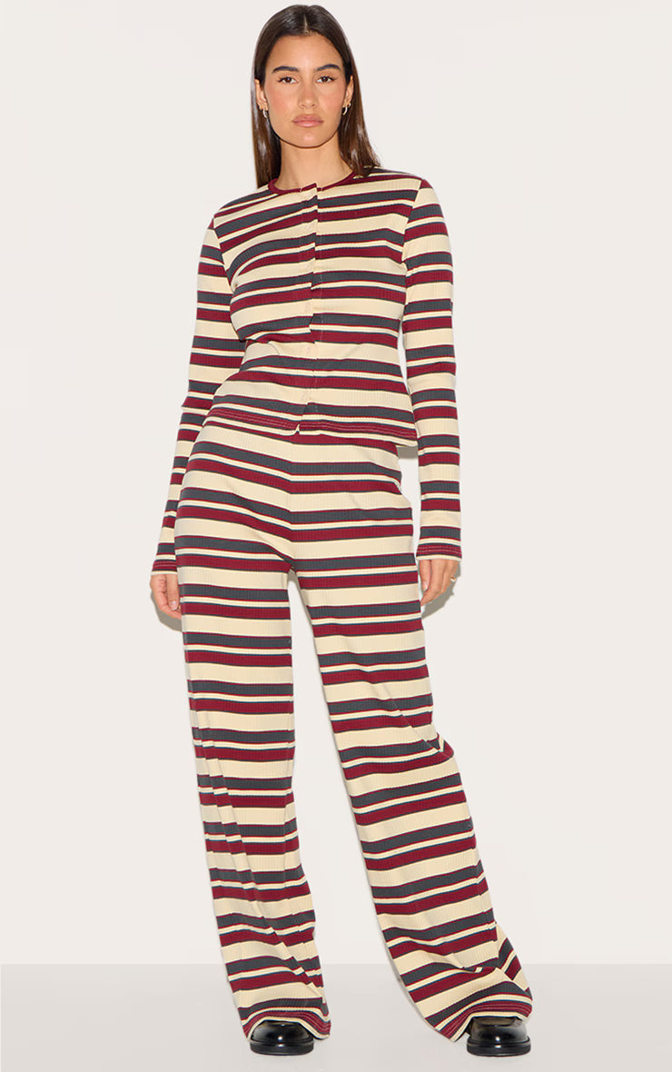 Burgundy Striped Mid Rise Ribbed Straight Leg Pants