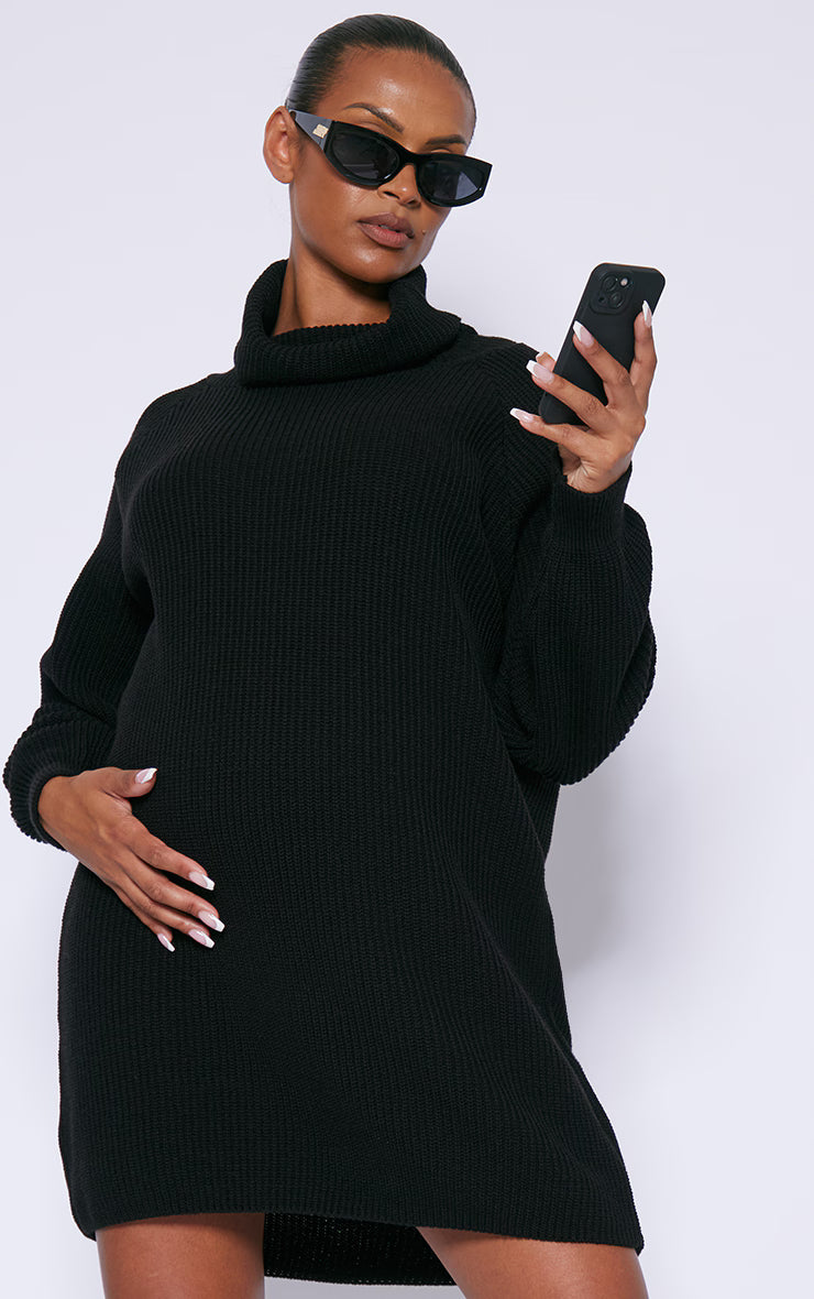 Maternity Black High Neck Oversized Sweater Dress