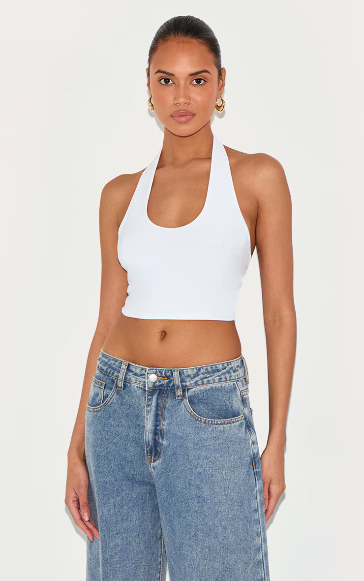 Basic White Slinky Scoop Neck Halter Top