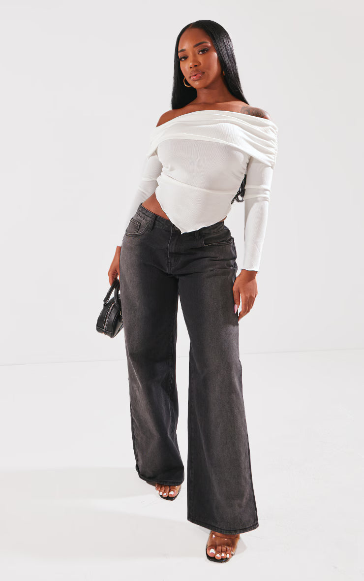 Shape White Rib Bardot Ruched Side Longline Top