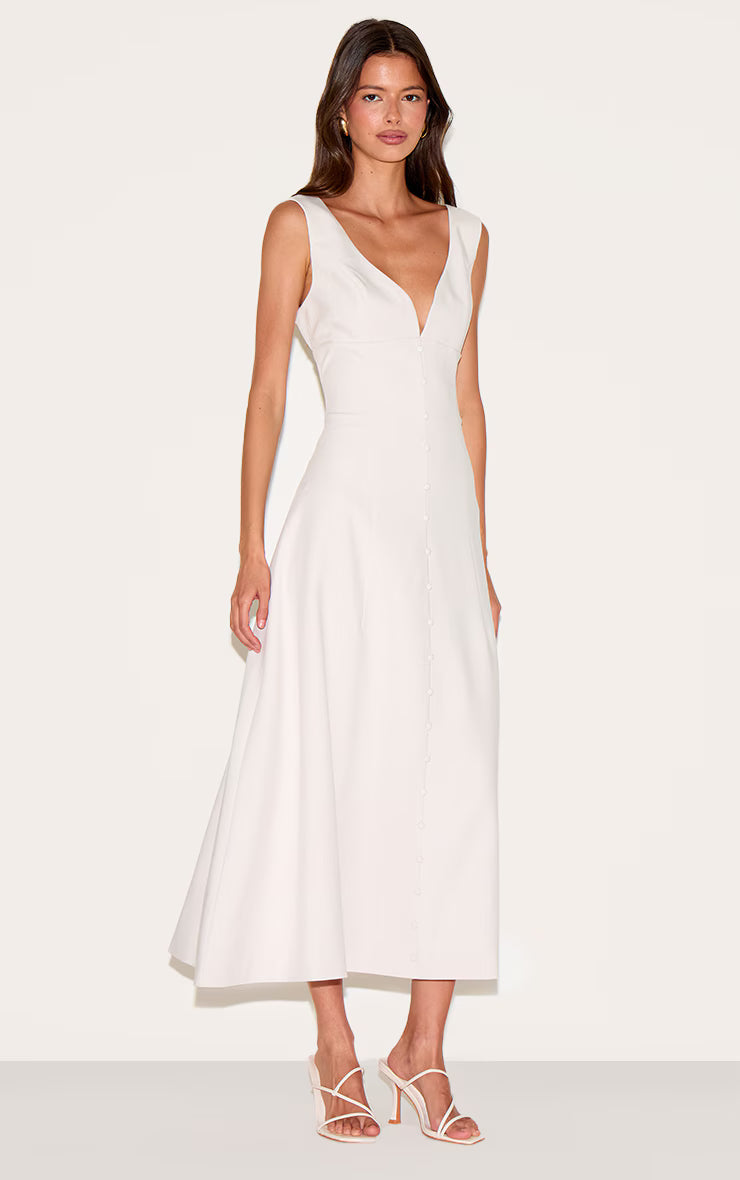 Cream Tailored Woven Plunge Button Down Midi Dress