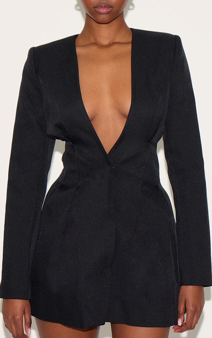 Black Woven Pleated Shift Blazer Dress
