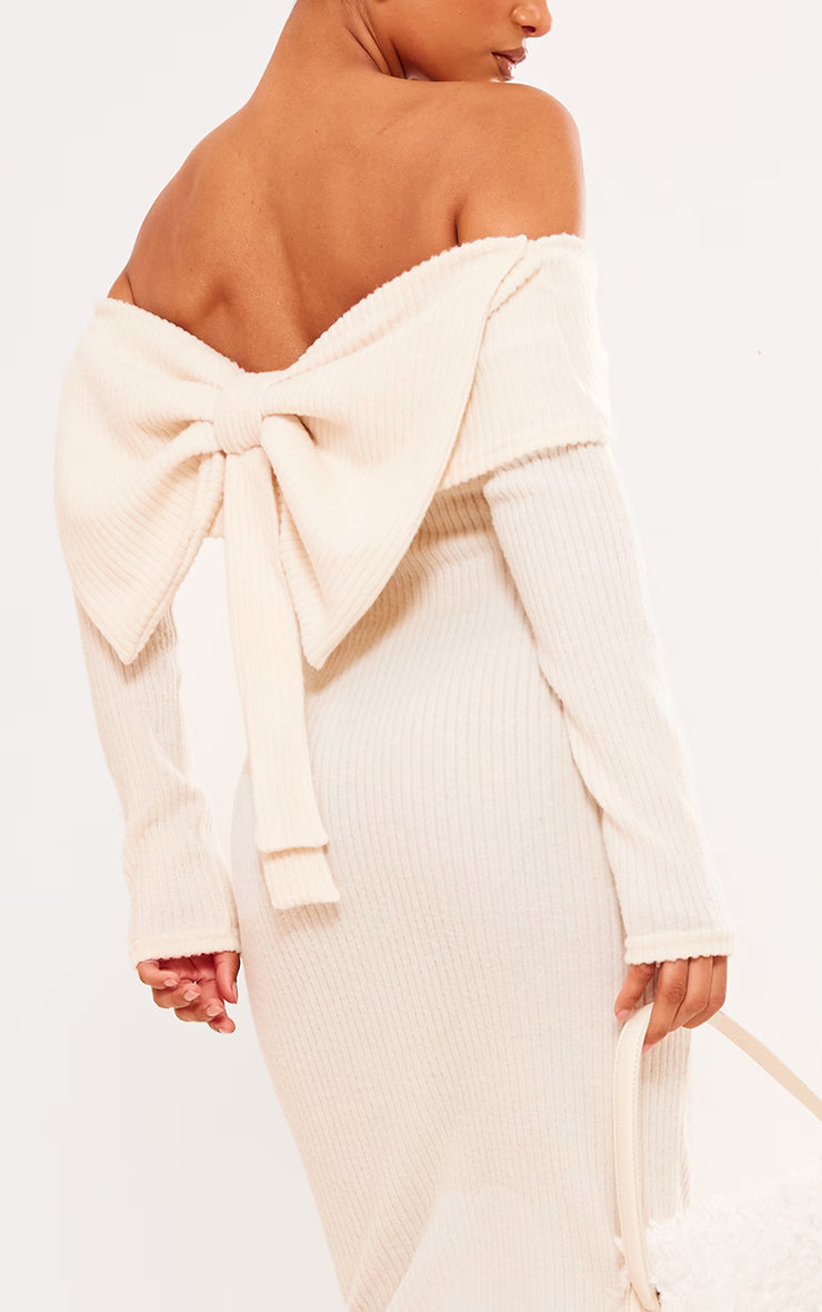 Cream Brush Rib Bow Detail Midi Dress