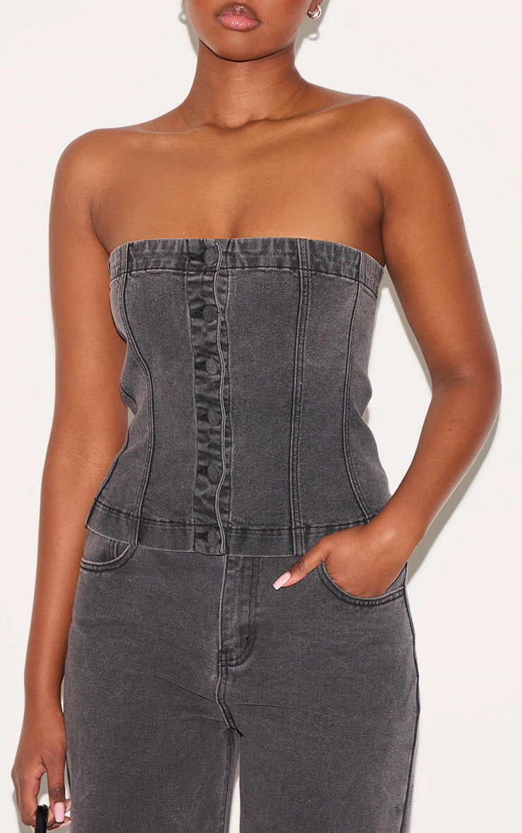 Washed Black Covered Button Longline Denim Top