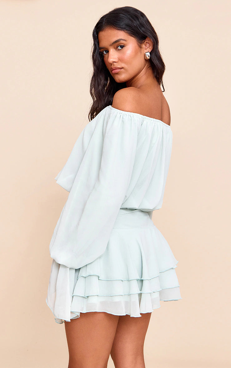 Sage Chiffon Bardot Balloon Sleeve Top
