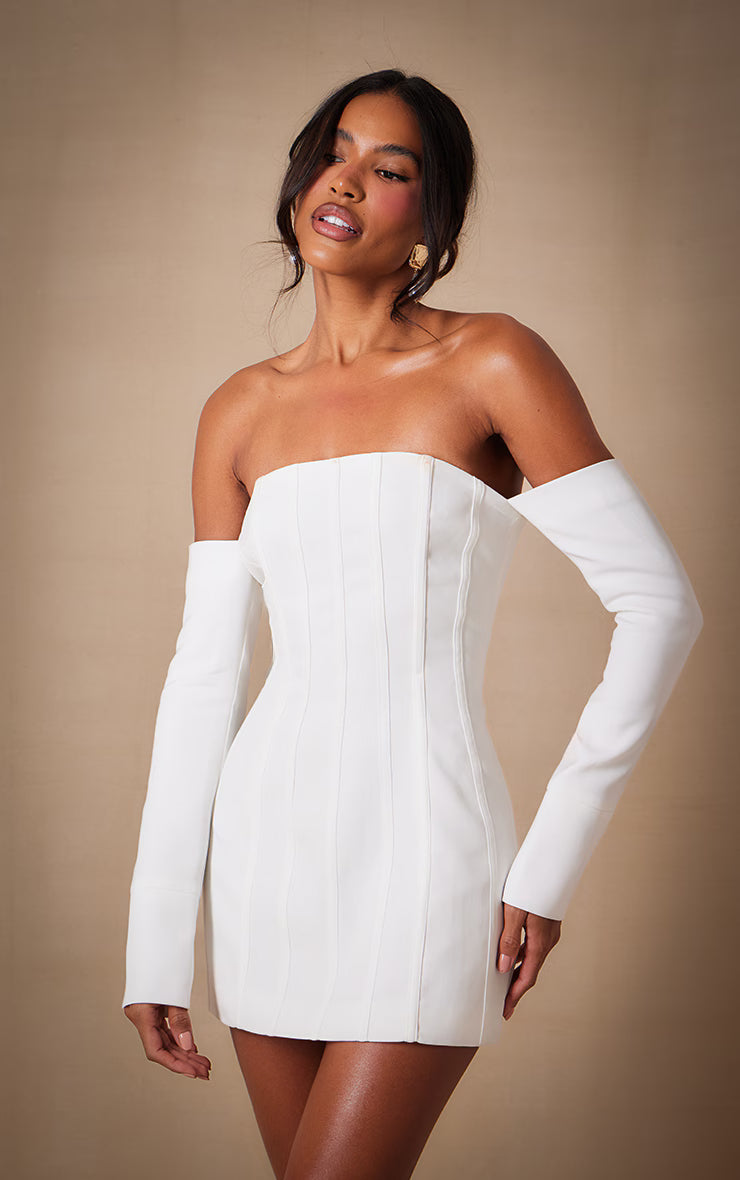 Premium White Woven Bandeau Boned Mini Dress