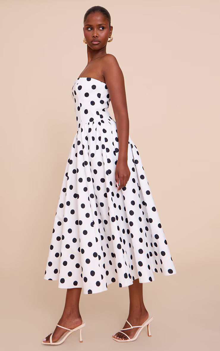 Monochrome Polka Dot Woven Bandeau Ruched Skater Midaxi Dress