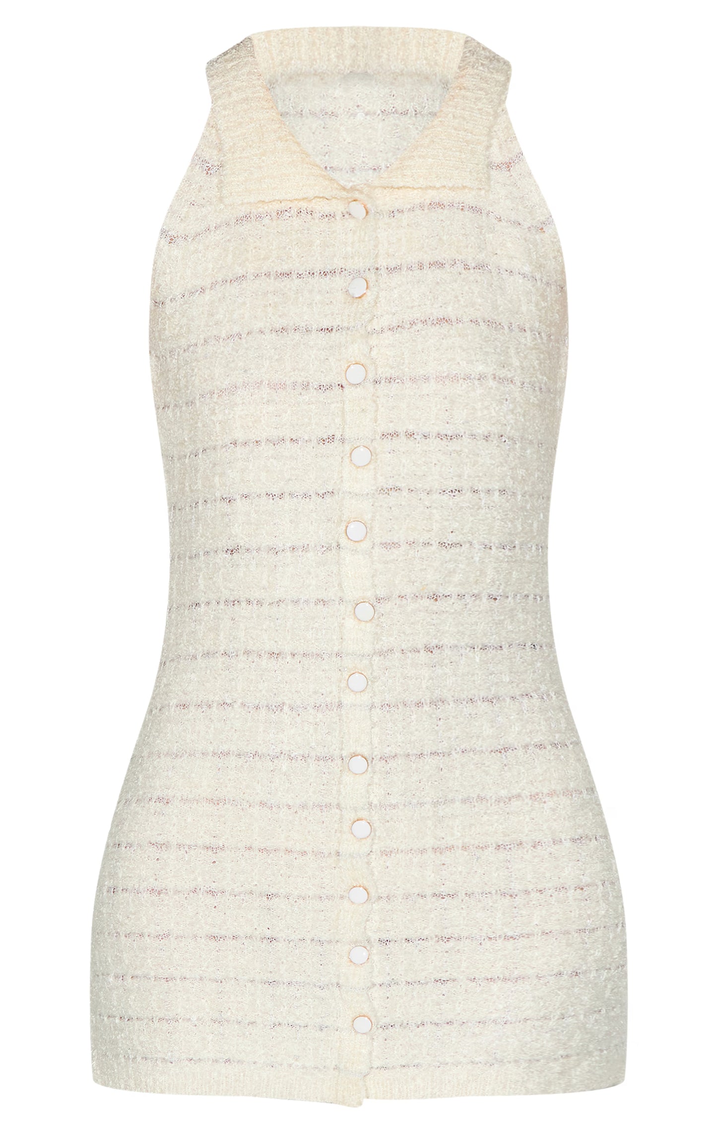 Cream Boucle Knit Button Through Collar Detal Mini Dress