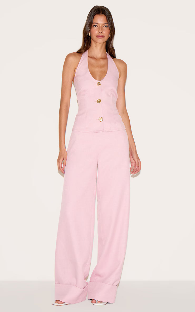Pale Rose Trim Detail Textured Woven Vest