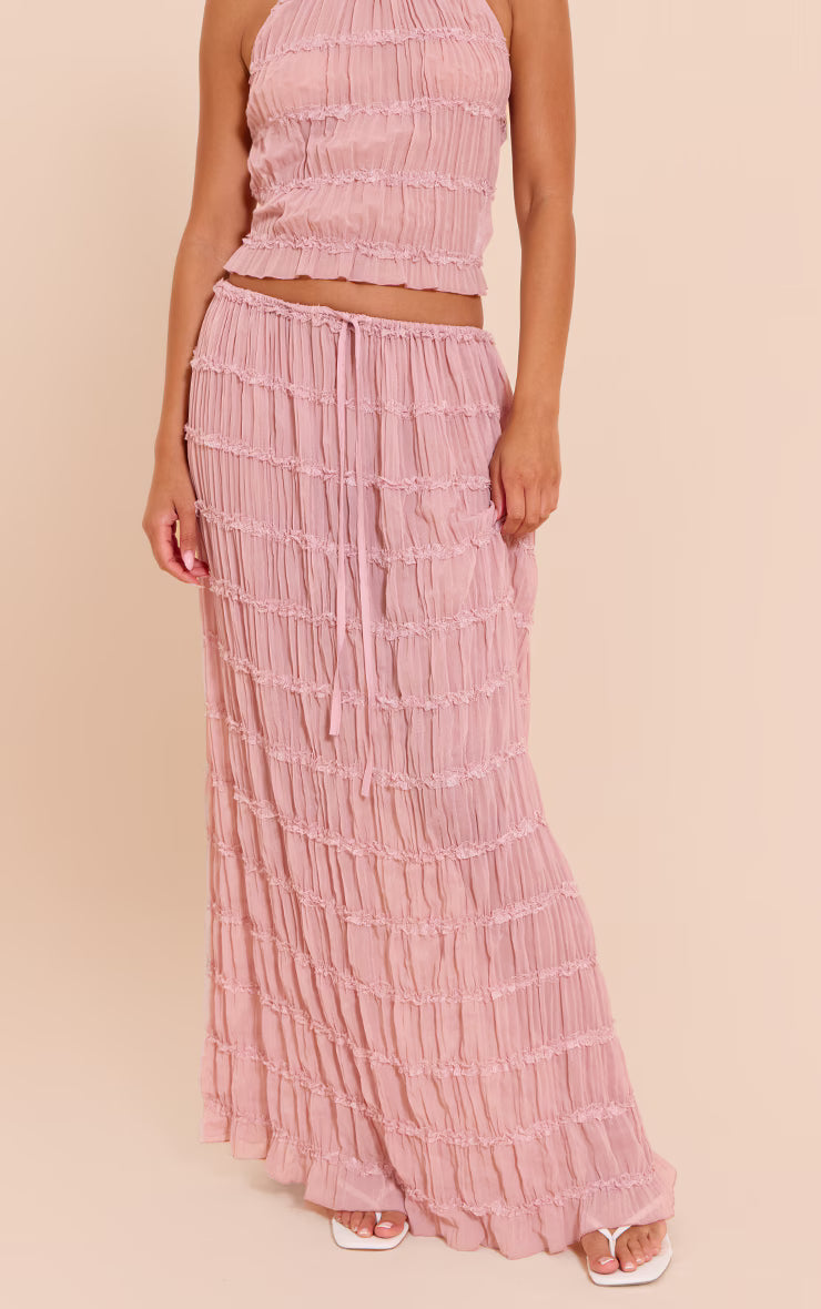 Mauve Chiffon Ruched Frill Detail Tiered Maxi Skirt