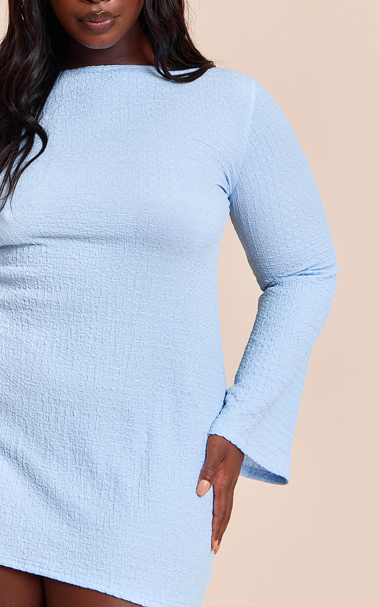 Plus Light Blue Textured Boat Neck Long Sleeve Shift Dress