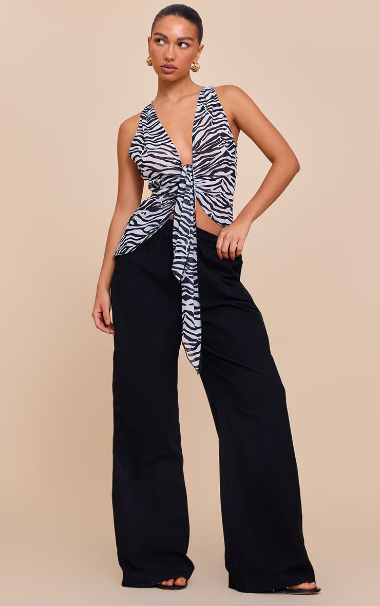Monochrome Zebra Printed Drape Plunge Front Chiffon Long Top