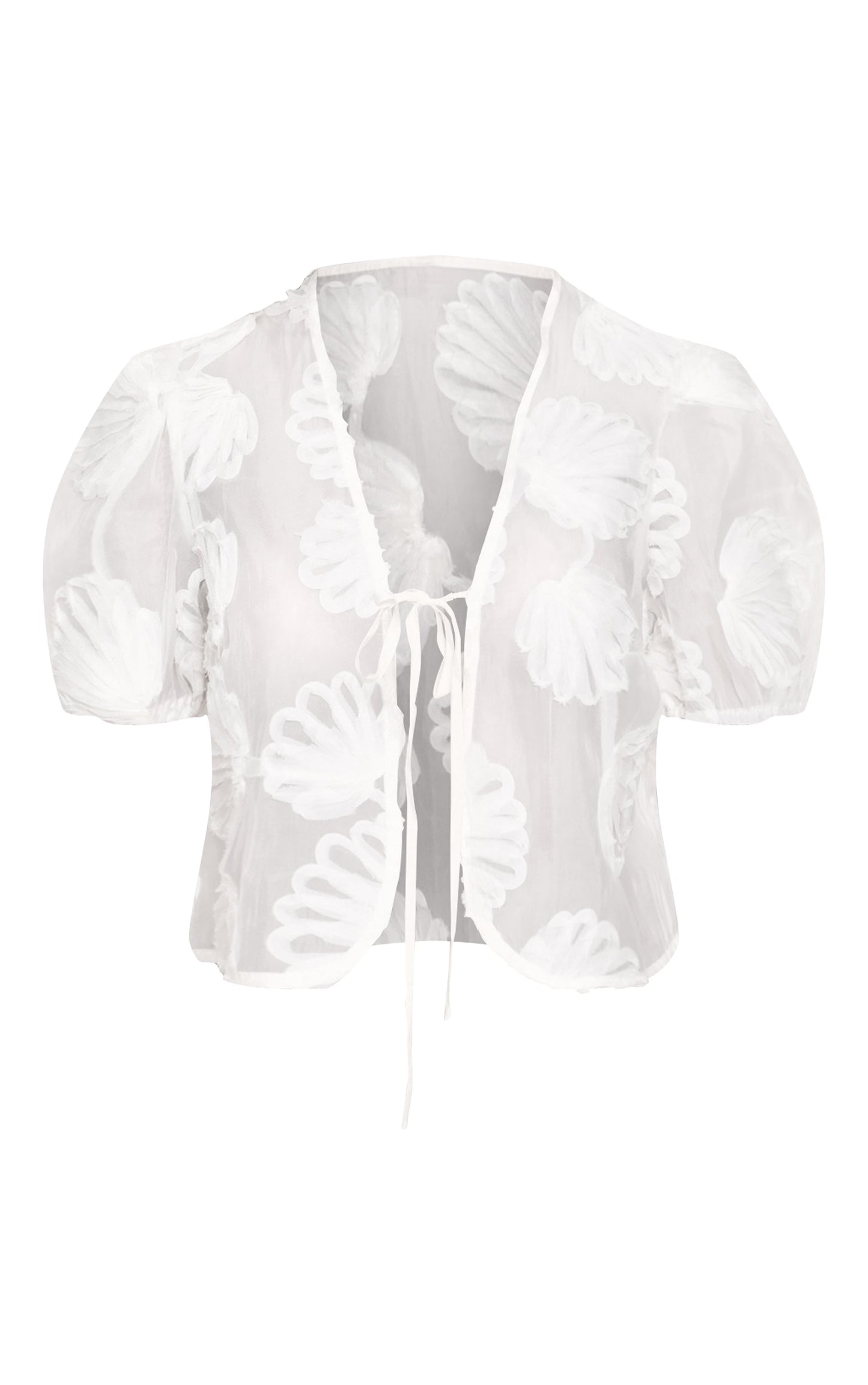 Petite Cream Sheer Shell Applique Tie Front Top