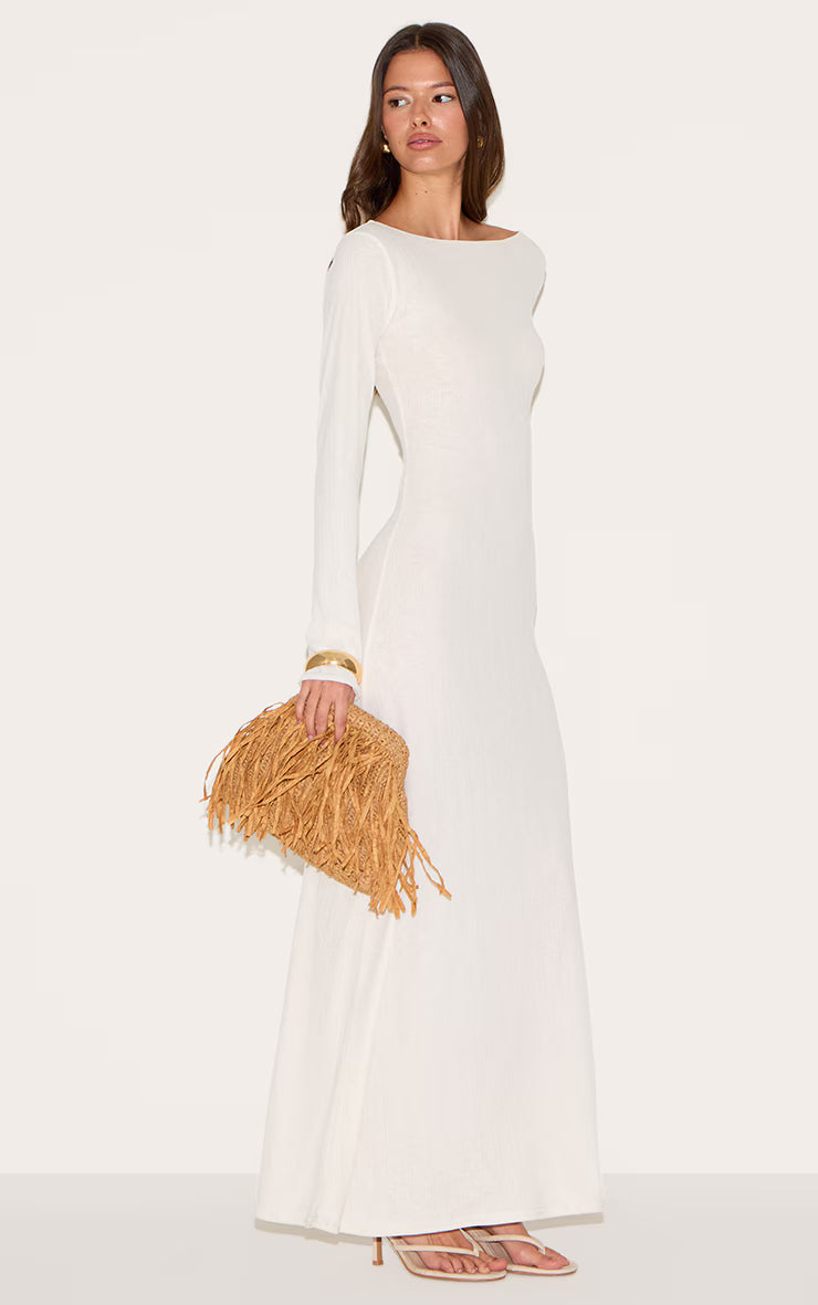 White Textured Boat Neck Long Sleeve Bodycon Maxi Dress