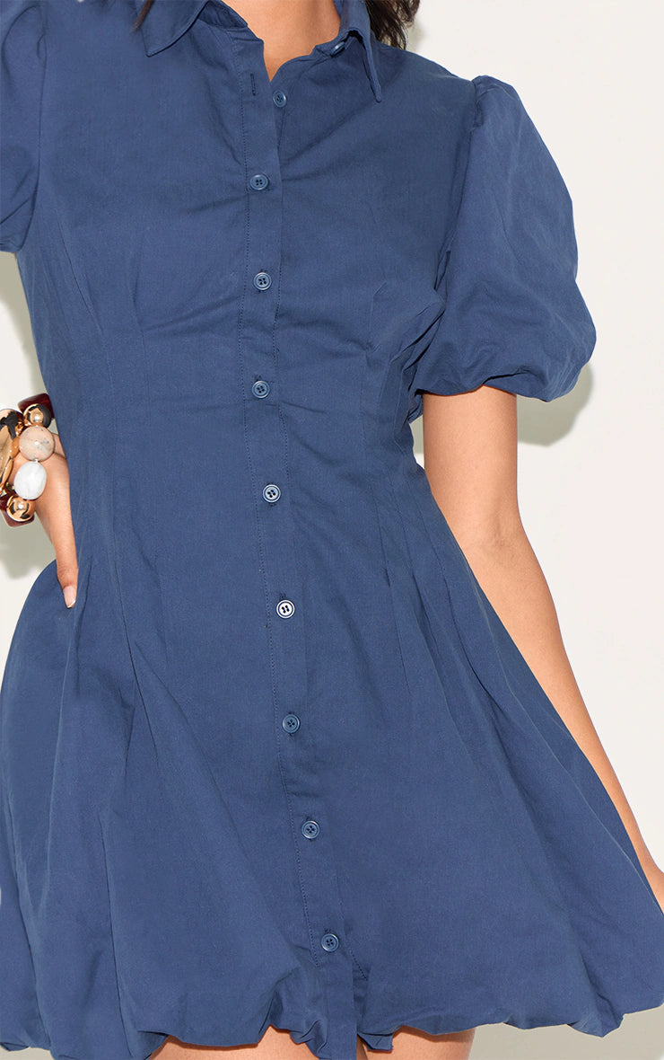Navy Button Down Cinched Waist Shift Dress