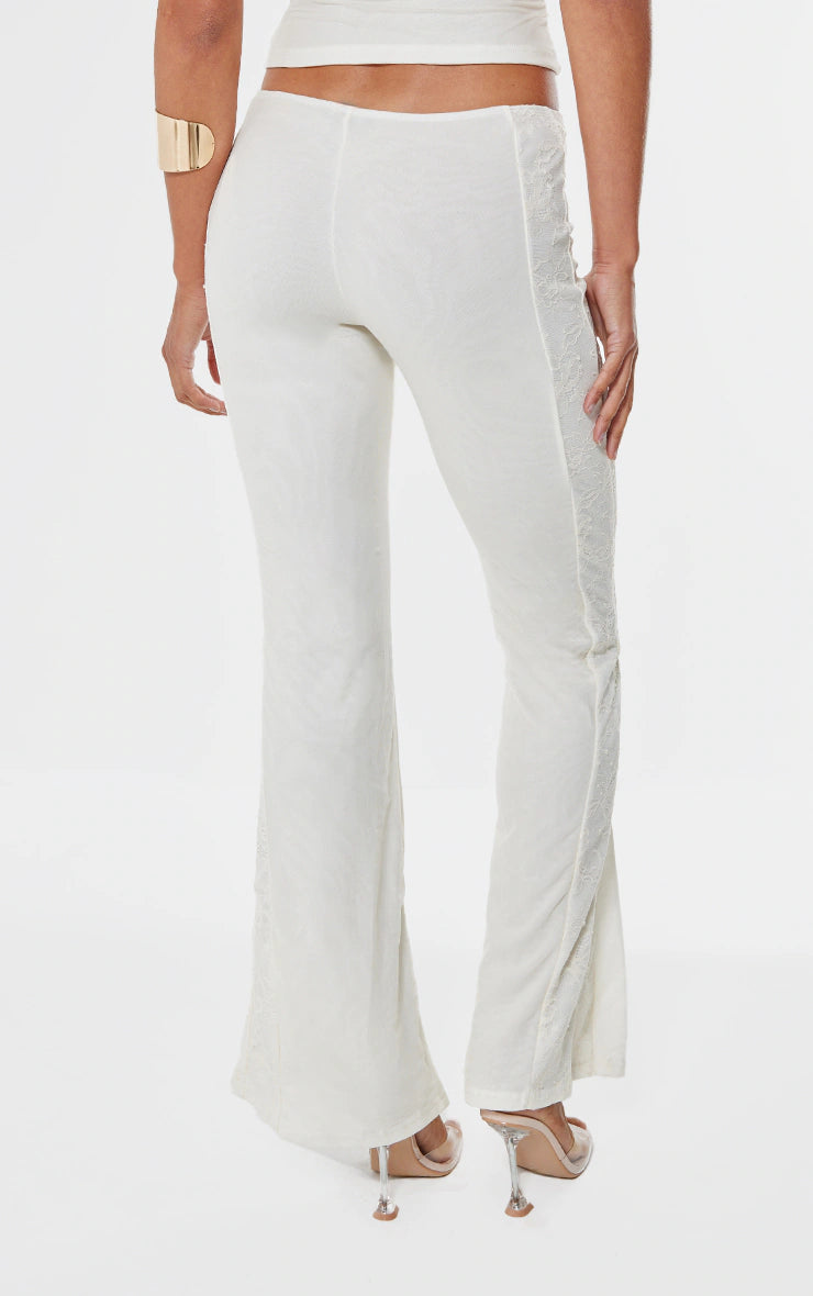 Cream Lace Mesh Panel Straight Leg Pants