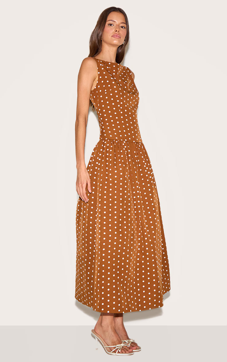 Brown Polka Dot Dropped Waist Midaxi Dress