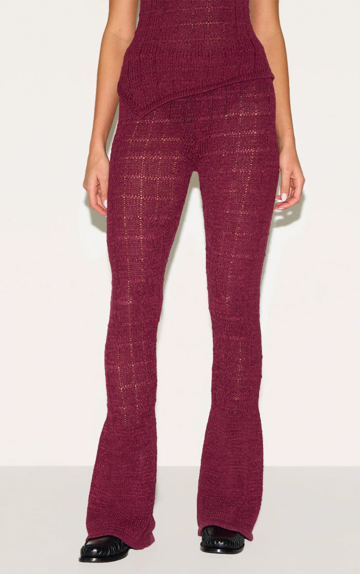 Wine Textured Filigree Knit Wide Leg Pants
