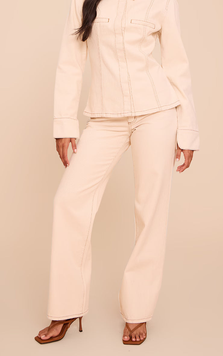 Ecru Linen Look Denim Mid Waist Straight Leg Jeans