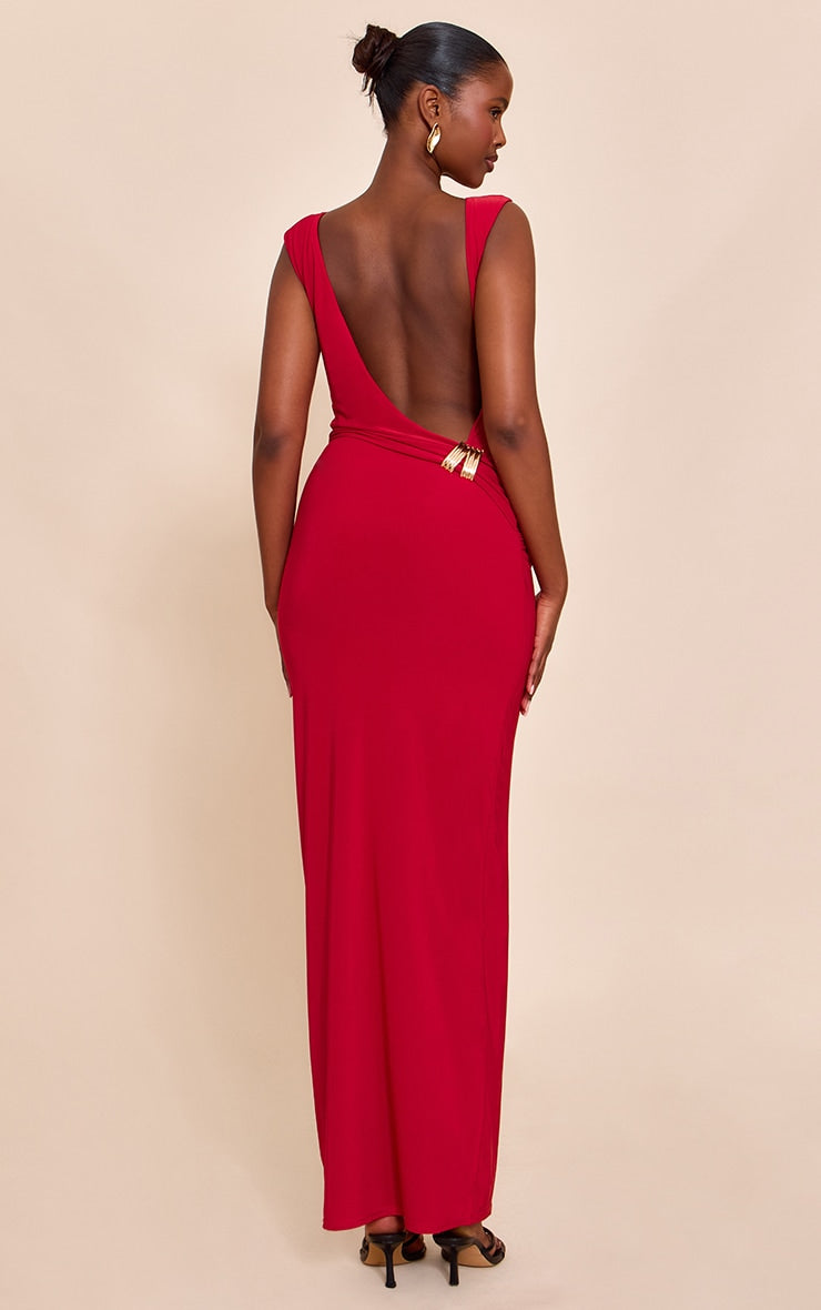 Red Double Layer Slinky Low Back Trim Detail Maxi Dress