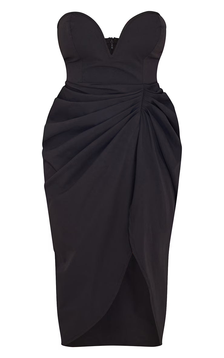 Black Woven Bandeau V Bar Gathered Hip Midi Dress