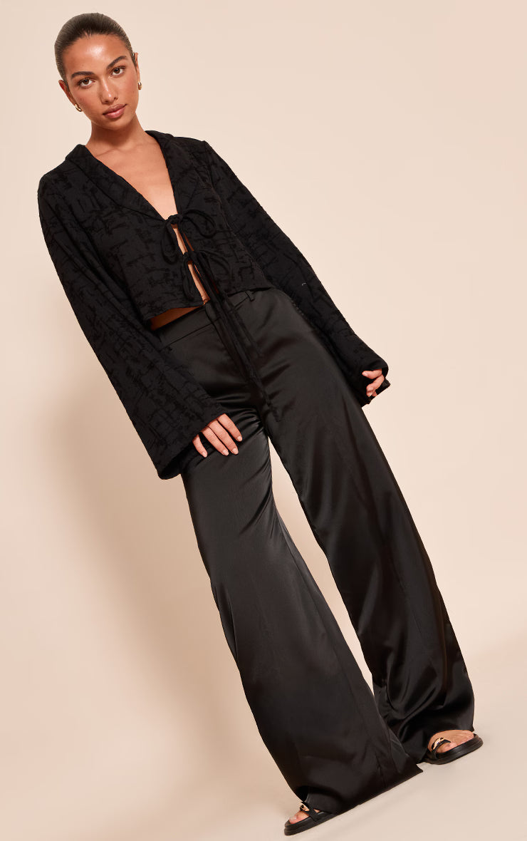 Black Textured Lightweight Woven Tie Front Shirt