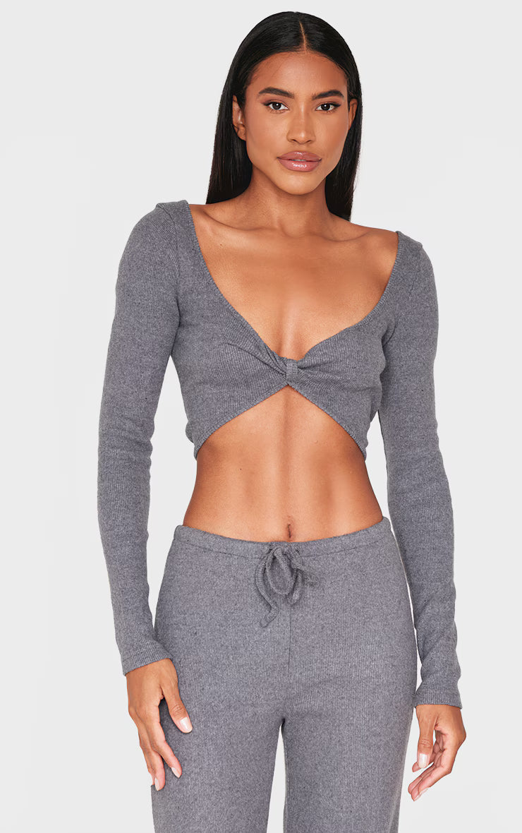 Charcoal Brushed Rib Twist Front Long Sleeve Bardot Top