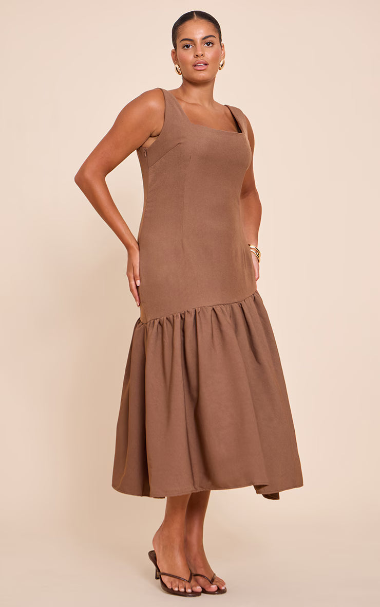 Plus Mocha Pleated Hem Square Neck Midaxi Dress