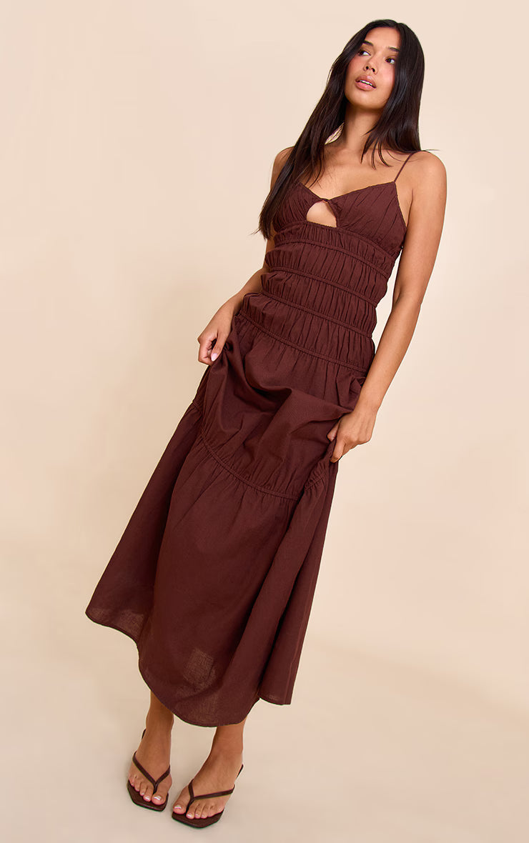 Chocolate Ruched Cut Out Maxi Dress