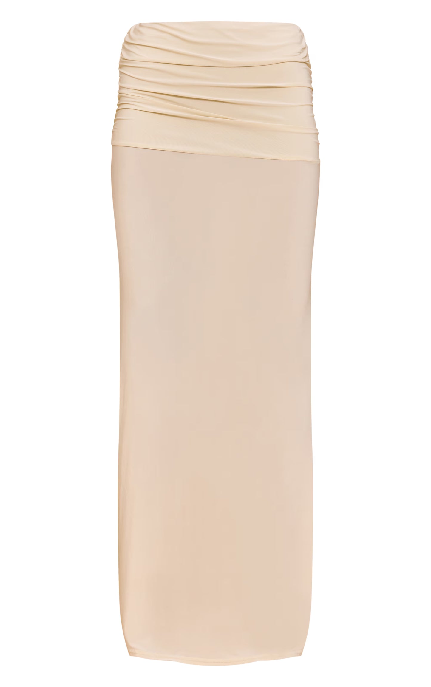 Almond Double Layer Slinky Ruched Waist Maxi Skirt
