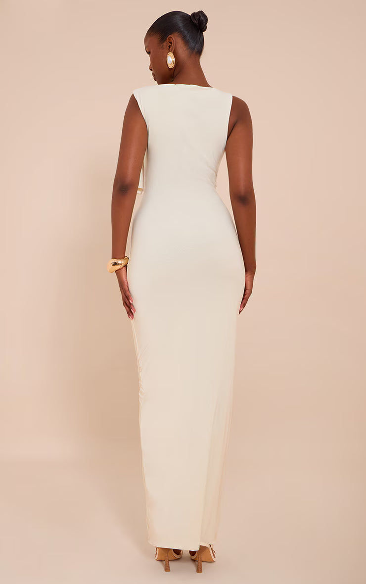 Butter Cream Slinky Knot Drape Midaxi Dress