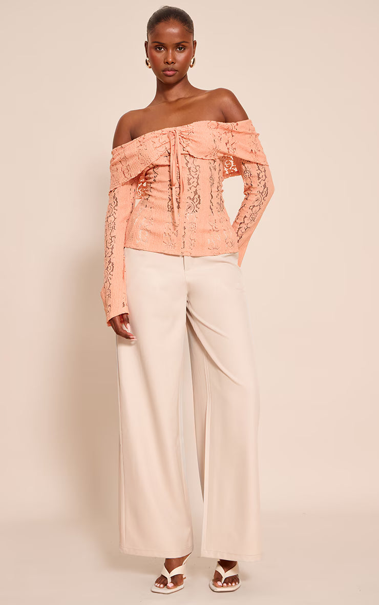 Peach Fitted Lace Flared Sleeve Bardot Top