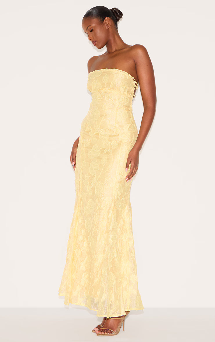 Lemon Textured Lace Up Back Maxi Dress