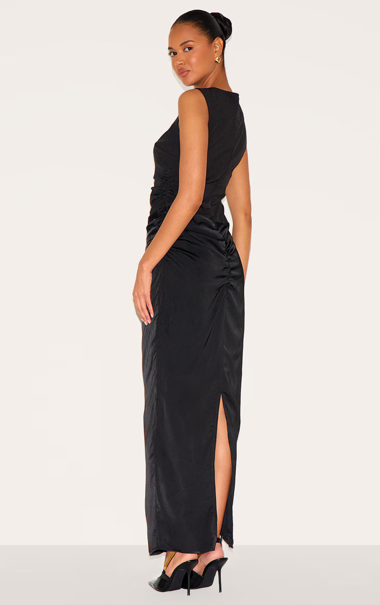 Black Woven High Neck Ruched Drape Midaxi Dress