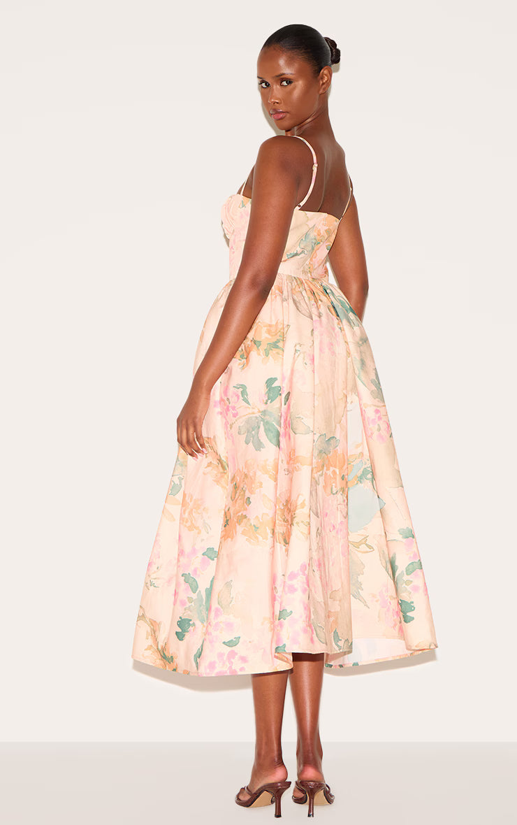 Pink Abstract Floral Ruched Bust Corset Strappy Midaxi Dress