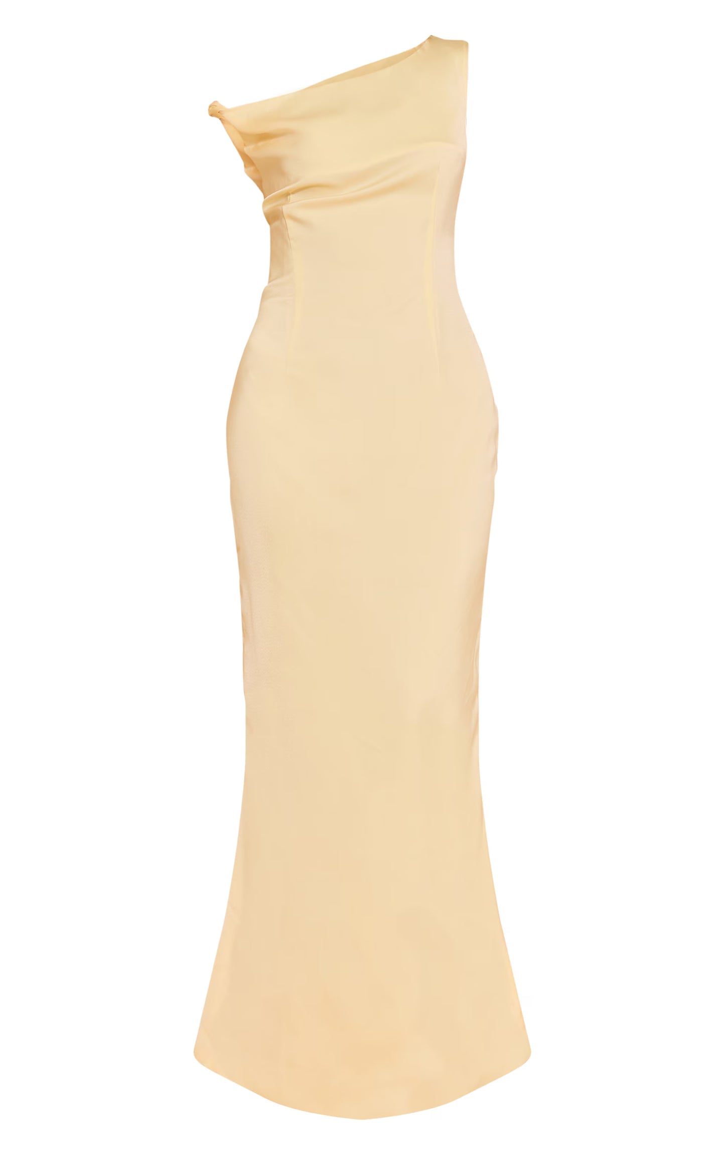 Lemon Satin Asymmetric Bardot Twist Maxi Dress