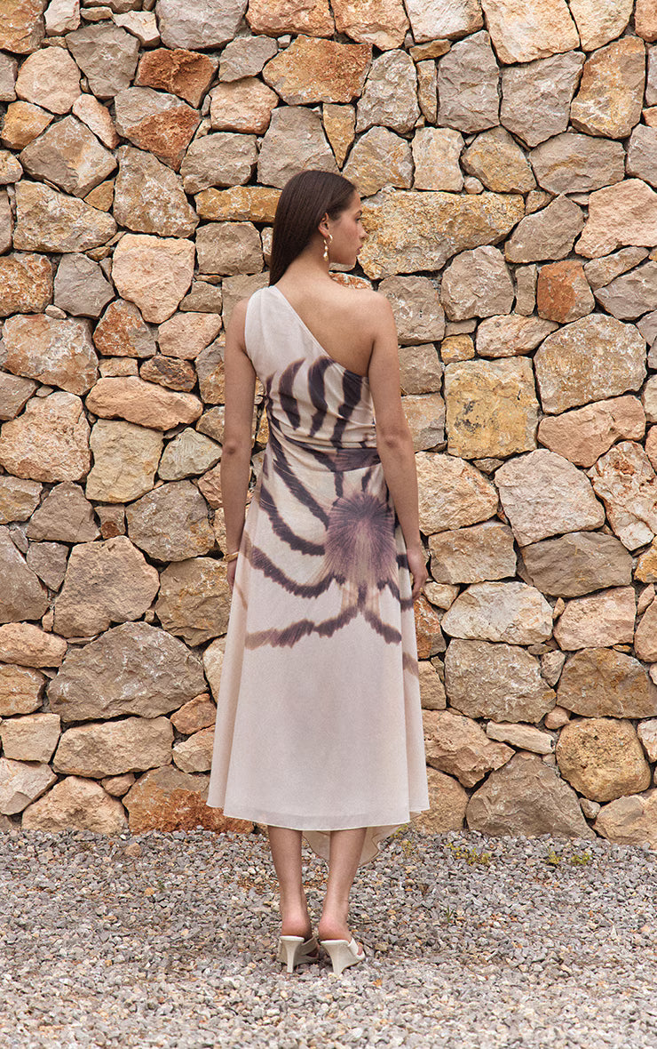 Almond Printed Chiffon One Shoulder Maxi Dress
