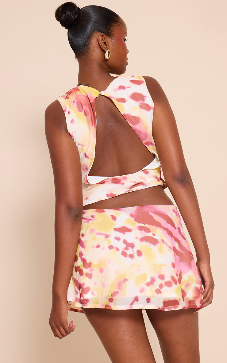 Purple Abstract Print Chiffon Backless High Neck Top