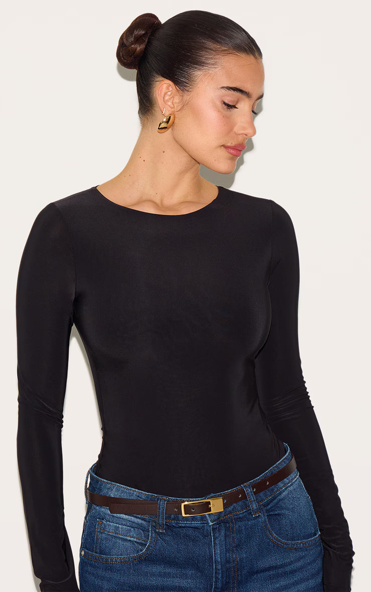 Black Basic Slinky Long Sleeve Bodysuit
