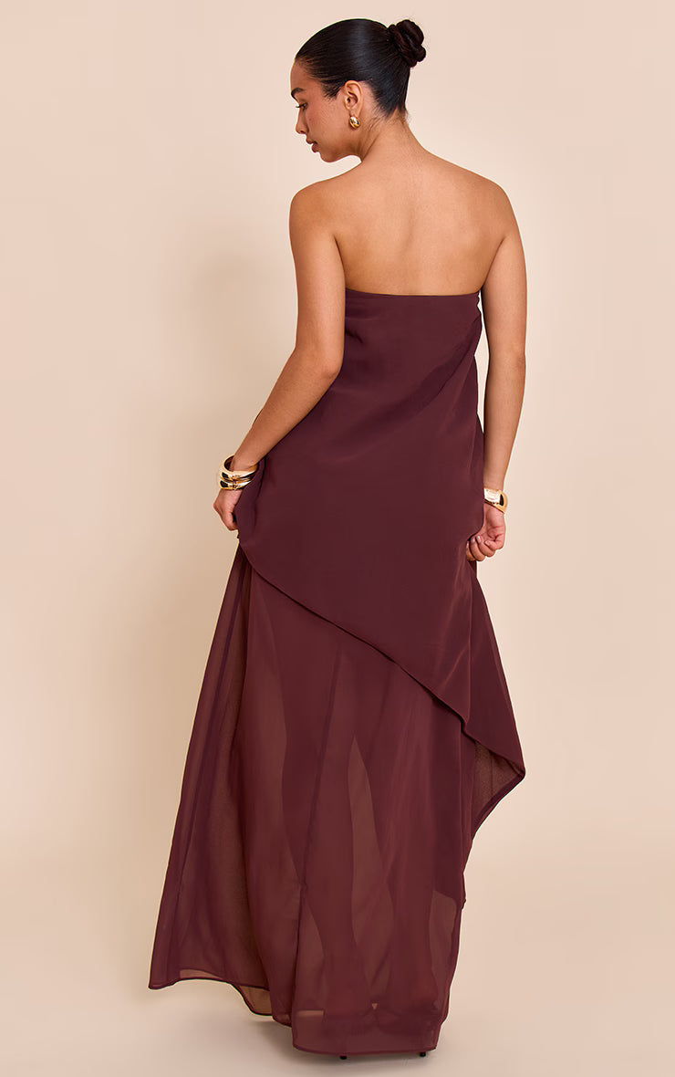 Chocolate Chiffon Bandeau Overlay Maxi Dress