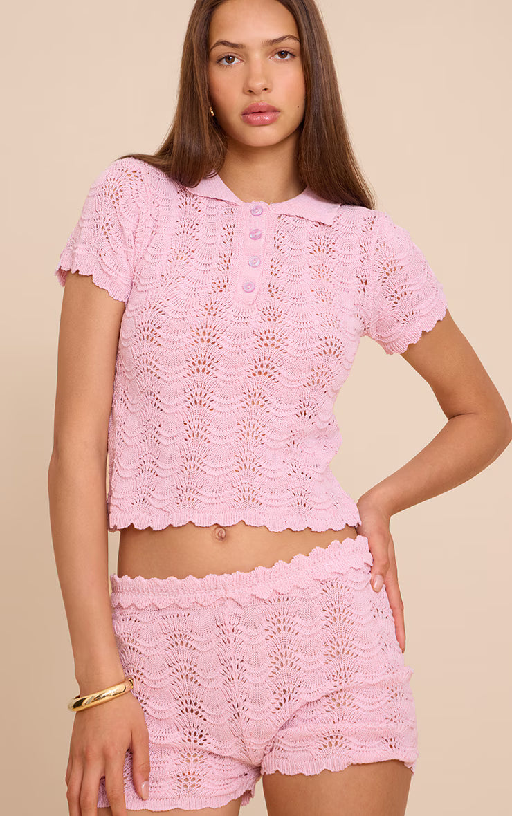 Pink Crochet Polo Neck Top