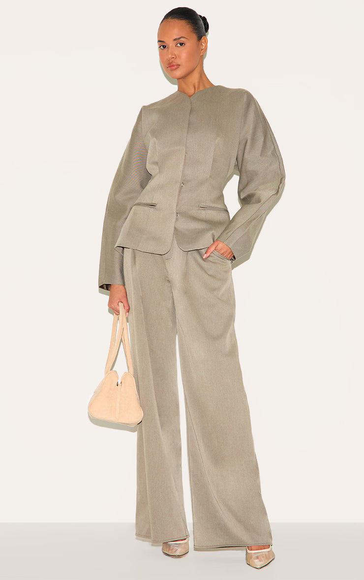Grey Premium Woven Tailored Wide Leg Pleated Pants