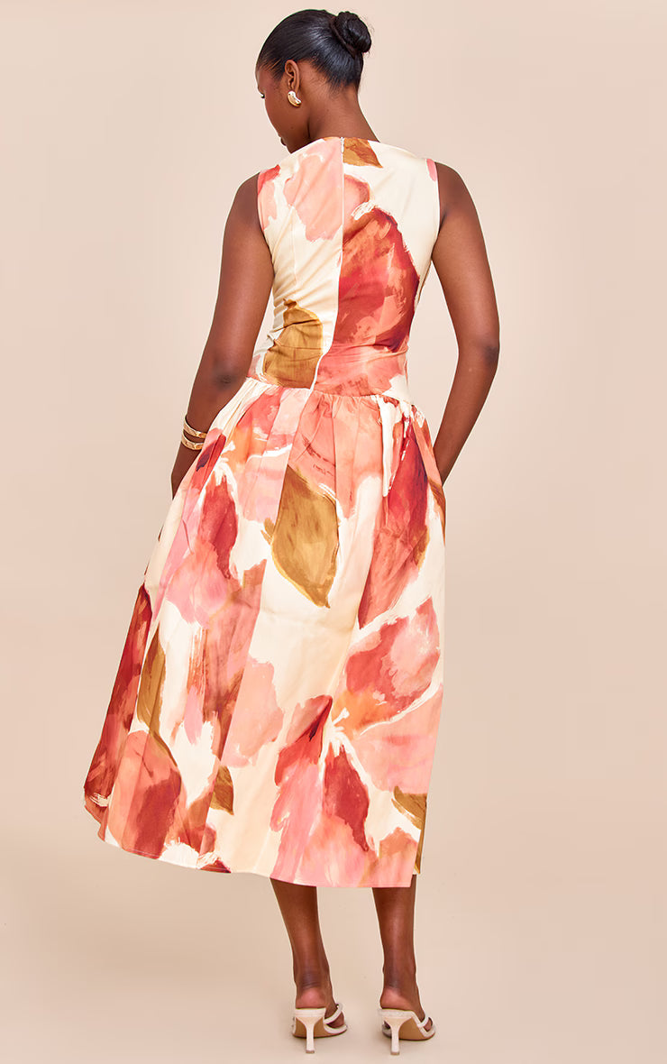 Pink Floral Print Dropped Waist Midaxi Dress