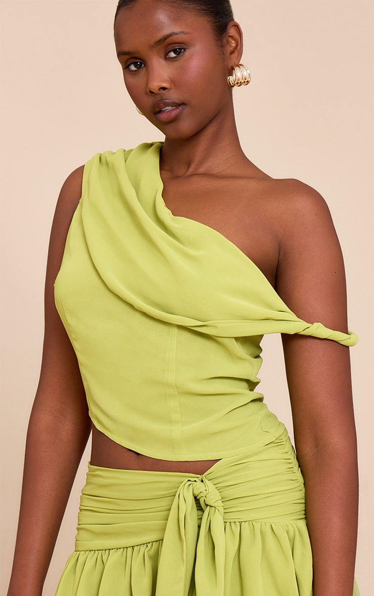 Green Drape Detail Asymmetric Chiffon Top