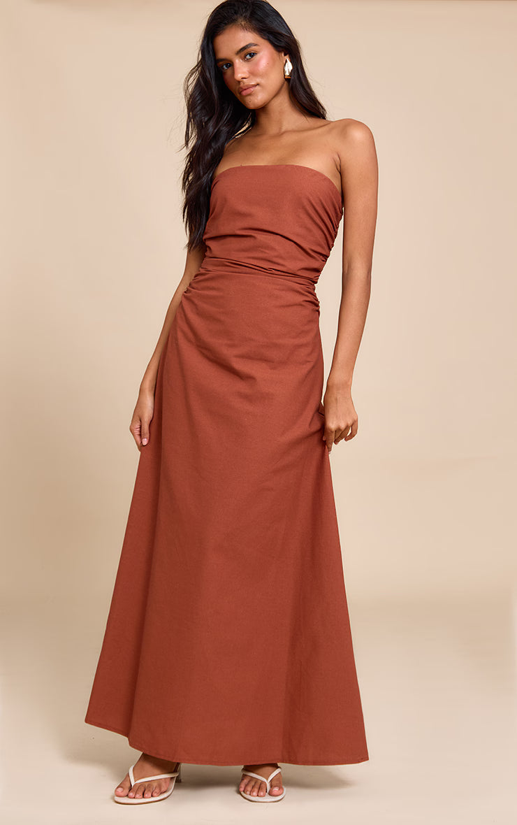 Rust Bandeau Ruched Waist Detail Maxi Dress