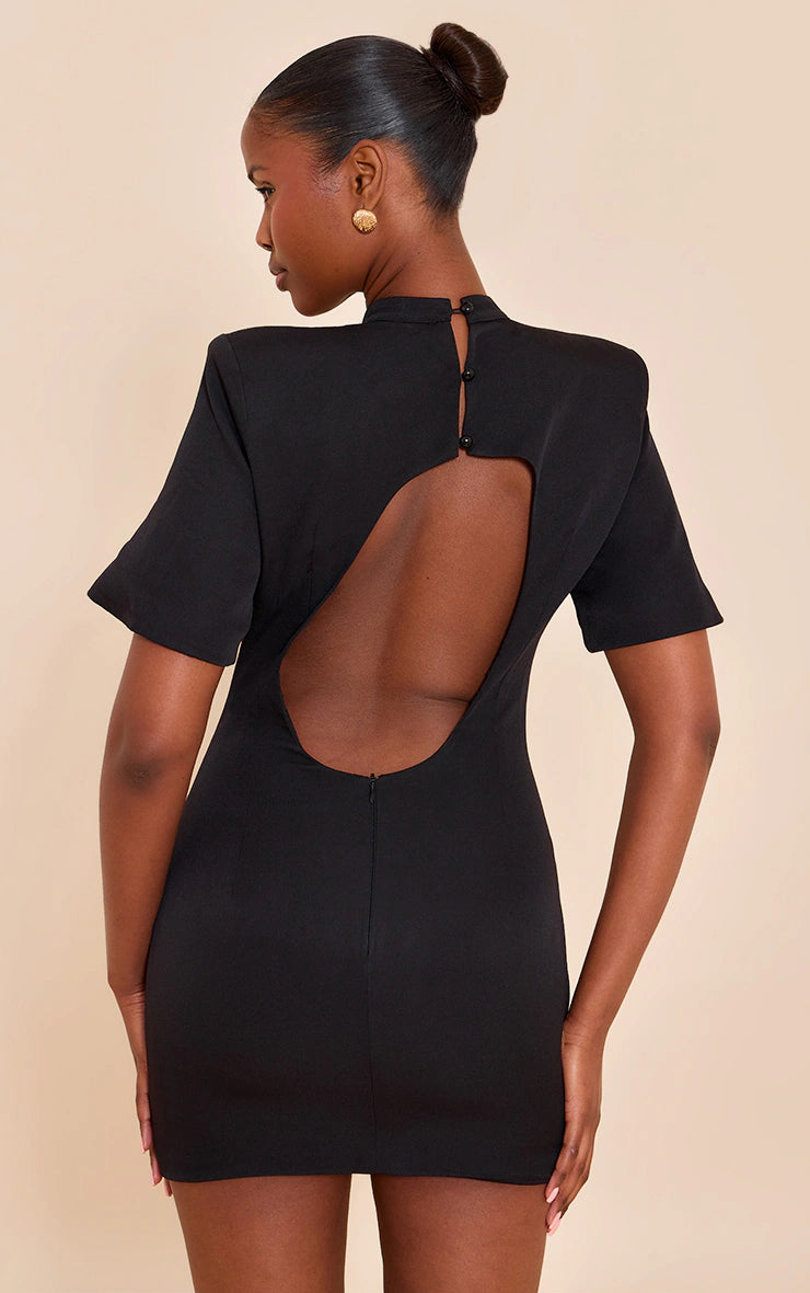 Black Woven Cinched Backless Mini Dress