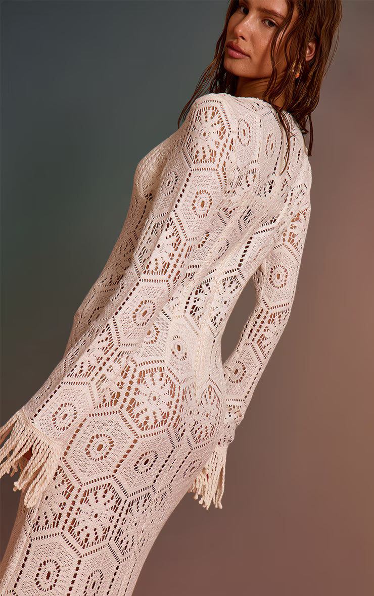Cream Crochet Tassel Hem Maxi Beach Dress