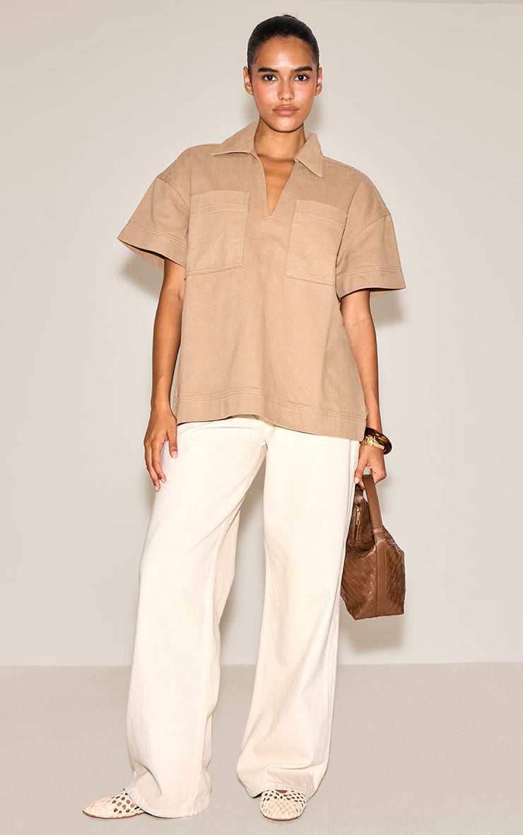 Stone Boxy Pocket Detail Short Sleeve Denim Rugby Shirt